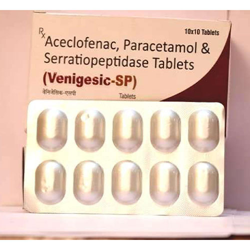 Product Name: Venigesic SP, Compositions of Venigesic SP are Aceclofenac 100mg  PCM 325mg  Serratiopeptidase 15mg - Venix Global Care Private Limited