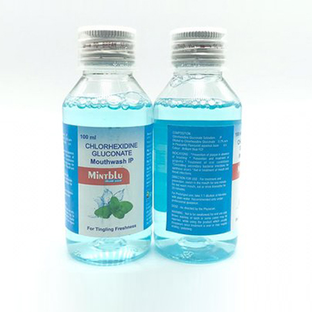 Product Name: MINTBLU, Compositions of MINTBLU are Chlorhexidine Gluconate Mouthwash IP - Amzor Healthcare Pvt. Ltd