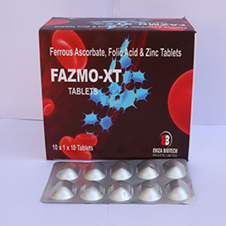 Product Name: Fazmo XT, Compositions of Fazmo XT are Ferrous Ascrobate, Folic Acid & Zinc Tablets - Eviza Biotech Pvt. Ltd