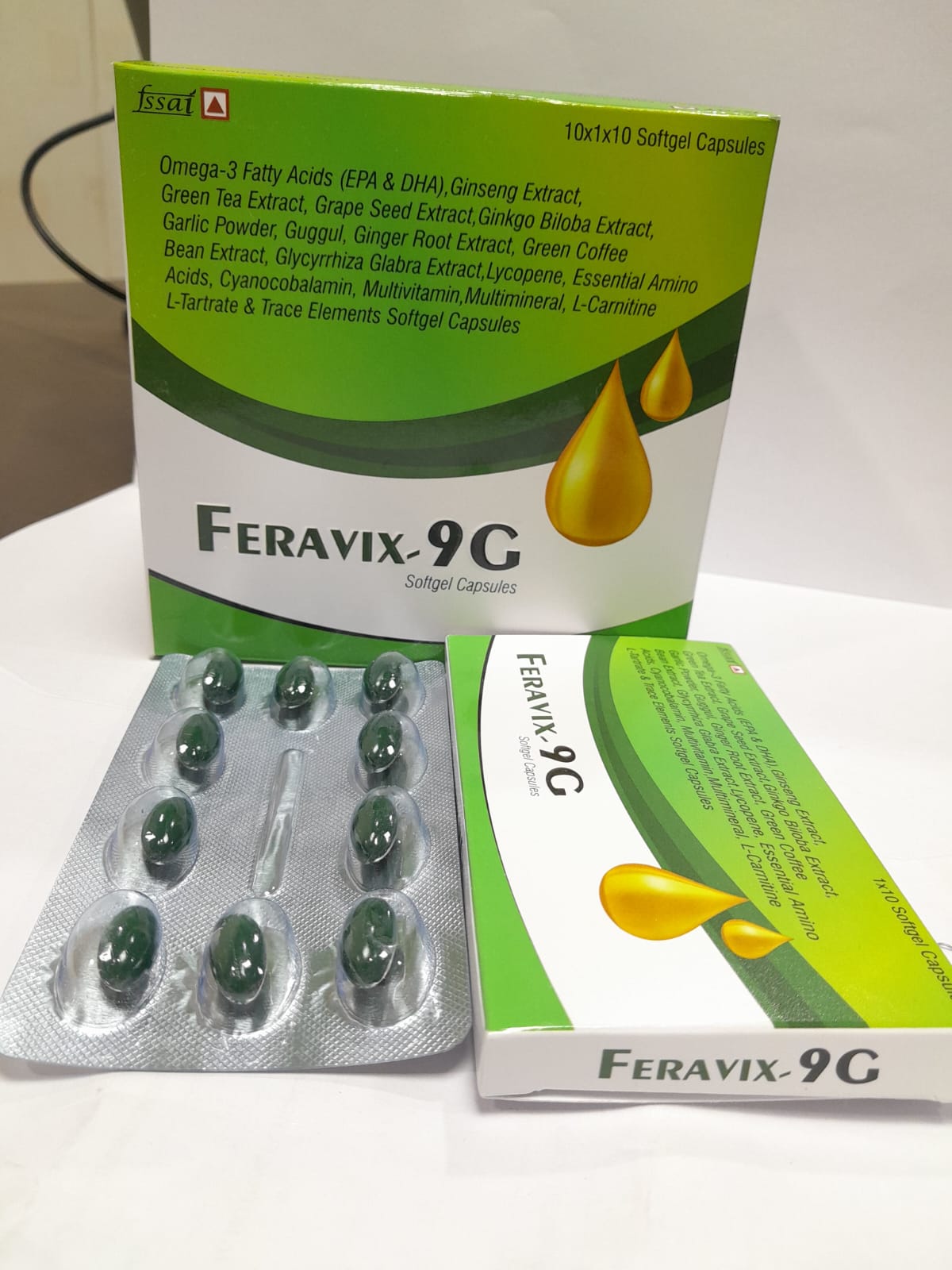 Product Name: FERAVIX 9G Softgel Capsules, Compositions of FERAVIX 9G Softgel Capsules are OMEGA-3FATTY ACID (EPA-DHA), GINSENG EXTRACT POWDER, GRAPE SEED EXTRACT, GUGGUL EXTRACT, GLYCYRRHIZA GLABRA EXTRACT, GREEN TEA EXTRACT, GINKGO BILOBA POWDER ,GINGER EXTRACT, GARLIC EXTRACT, GREEN COFFEE BEAN EXTRACT, MULTIVIT - Feravix Lifesciences