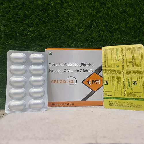 Product Name: Cruzec GL, Compositions of Cruzec GL are Curcumin,Glutatione,Piperine,Lycopene & Vitamin C Tablets - Medizec Laboratories
