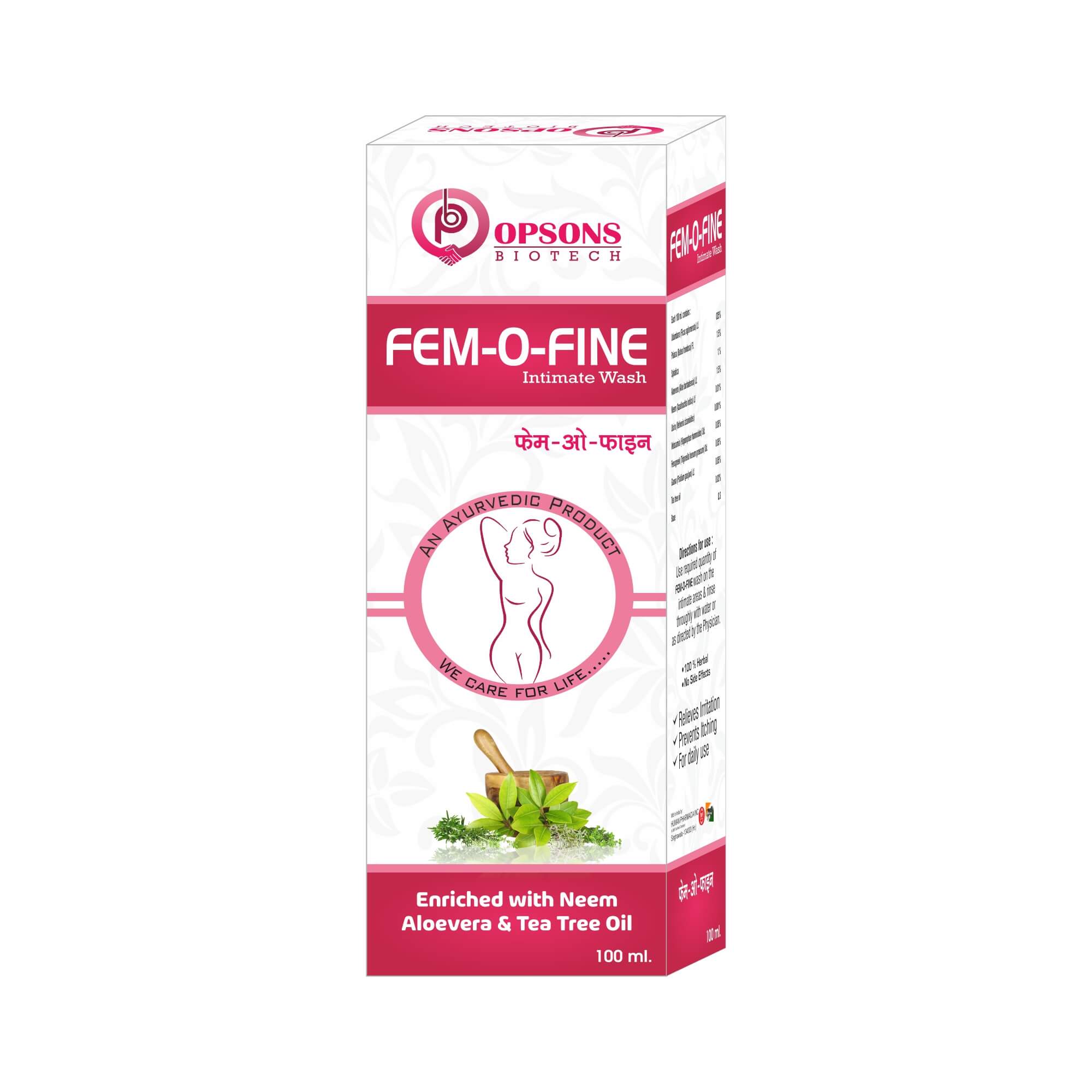 Product Name: Fem o Fine intimate wash, Compositions of Fem o Fine intimate wash are Enriched with Neem Aloevera & Tea Tree Oil - Opsons Biotech