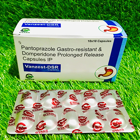 Product Name: Vanzest DSR, Compositions of Vanzest DSR are Pantoprazole Gastro-resistant & Domperidone Prolonges Release Capsules IP - Gvans Biotech Pvt. Ltd