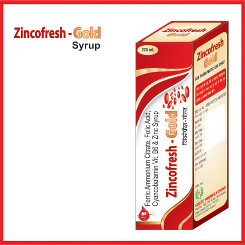 Product Name: Zicofresh Cold, Compositions of Zicofresh Cold are Ferric Ammonium Citrate,Folic Acid,Cyancobalamin Vit B6 & Zinc Syrup - Greef Formulations