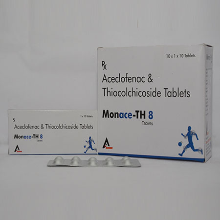 Product Name: MONACE TH 8, Compositions of MONACE TH 8 are Aceclofenac & Thiocolchicoside Tablets - Alencure Biotech Pvt Ltd