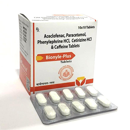 Product Name: BIONYLE PLUS, Compositions of BIONYLE PLUS are Aceclofenac, Paracetamol, Phenylphrine HCL, Cetrizine HCL & Caffeine Tablets - Biocruz Pharmaceuticals Private Limited