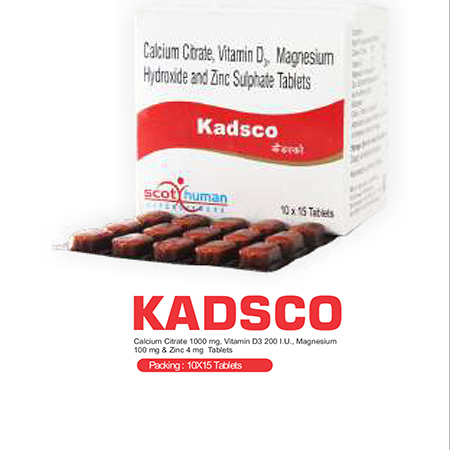 Product Name: Kadsco, Compositions of Kadsco are Calcium Citrate,Vitamin D,Zinc Magnesium Hydroxide & Zinc Sulphate Tablets - Scothuman Lifesciences