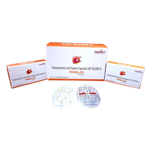 Product Name: Ferol D3, Compositions of Ferol D3 are Cholecalciferol Soft Gelatin Capsules USP 60,000 IU - Oddiant Formulations