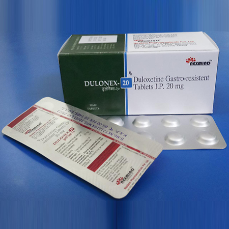 Product Name: Dulonex 20, Compositions of Dulonex 20 are Duloxetine Gastro-Resistant Tablets IP 20 mg - Nexmind Pharmaceuticals