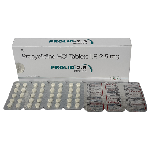 Product Name: Prolid 2.5, Compositions of Prolid 2.5 are Procyclidine Hcl Tablets IP 2.5 mg - Lifecare Neuro Products Ltd.