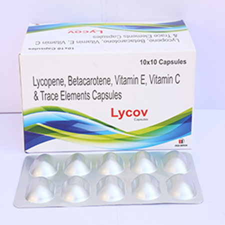 Product Name: Lycov, Compositions of Lycov are Lycopene, Betacarotene, Vitamin E, Vitamin C & Trace Elements Capsules - Eviza Biotech Pvt. Ltd