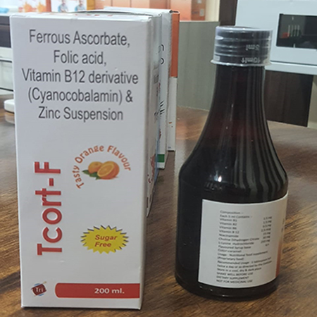 Product Name: Tcort F, Compositions of Tcort F are Ferrous Ascorbate,Folic Acid,Vitamin B12 Derivative (Cyanocobalamin) & Zinc Suspension - Triglobal Lifesciences (opc) Private Limited