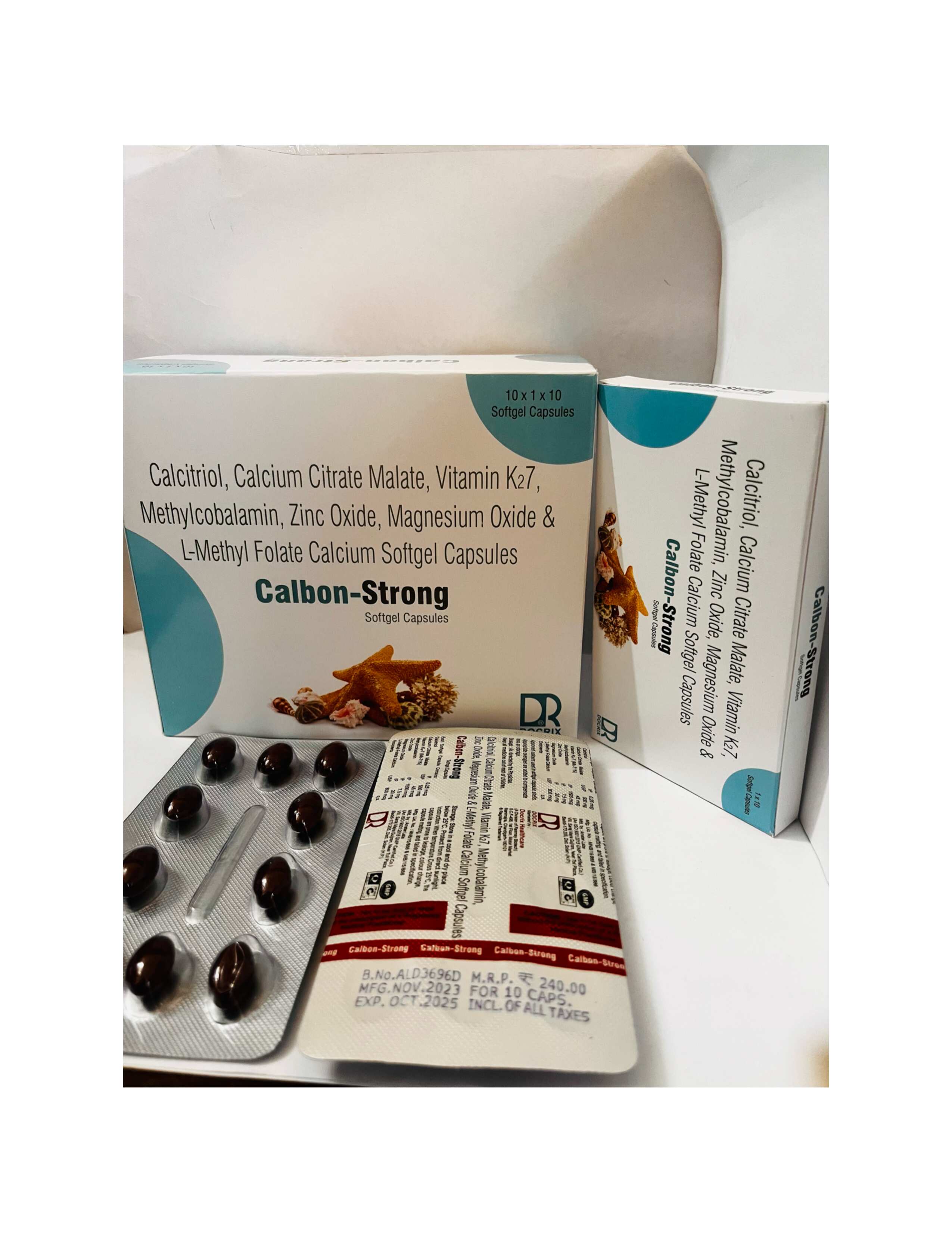 Product Name: Calbon Strong, Compositions of Calbon Strong are Calcitriol, Calcium Citrate Malate, Vitamin K7, Methylcobalamin , Zinc Oxide, Magnesium Oxide & L-Methyl Folate Calcium Softgel Capsules - Docrix Healthcare