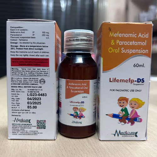 Product Name: LIFEMEFP DS, Compositions of LIFEMEFP DS are Mefenamic Acid & paracentamol Oral Surpension - Medicure LifeSciences