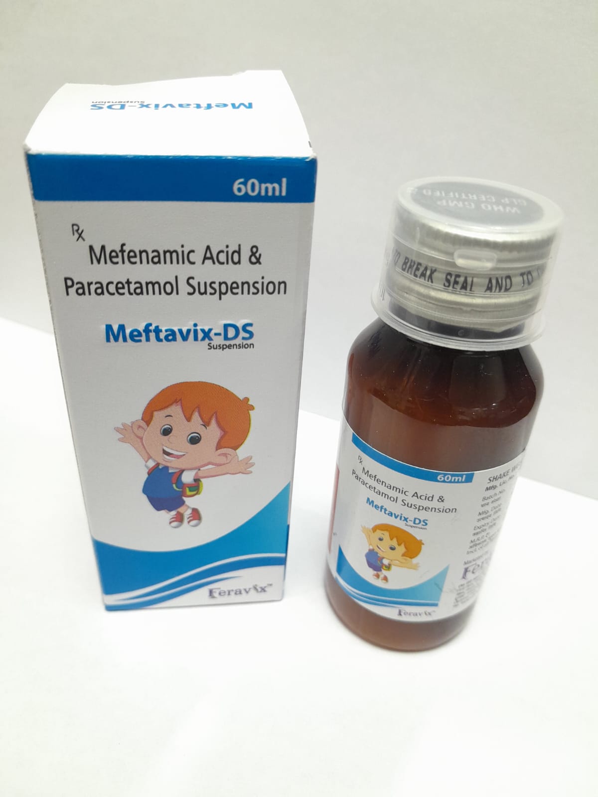 Product Name: MEFTAVIX DS Syrup, Compositions of MEFTAVIX DS Syrup are MEFENEMIC ACID 100MG,PARACETAMOL 250MG - Feravix Lifesciences