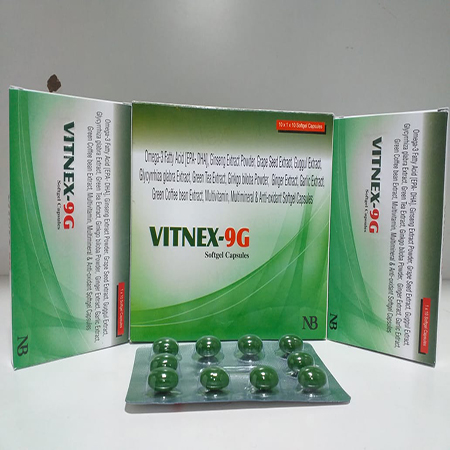 Product Name: Vintex 9G, Compositions of Vintex 9G are Omega 3 Fatty Acid,Green Tea Extract 400 mg, Ginkgo Biloba 10mg, Ginseng Extract 42.5mg, Grape Seed Extract 15mg, Antioxidants , Multivitamin, Multiminerals - Nexbon Lifesciences