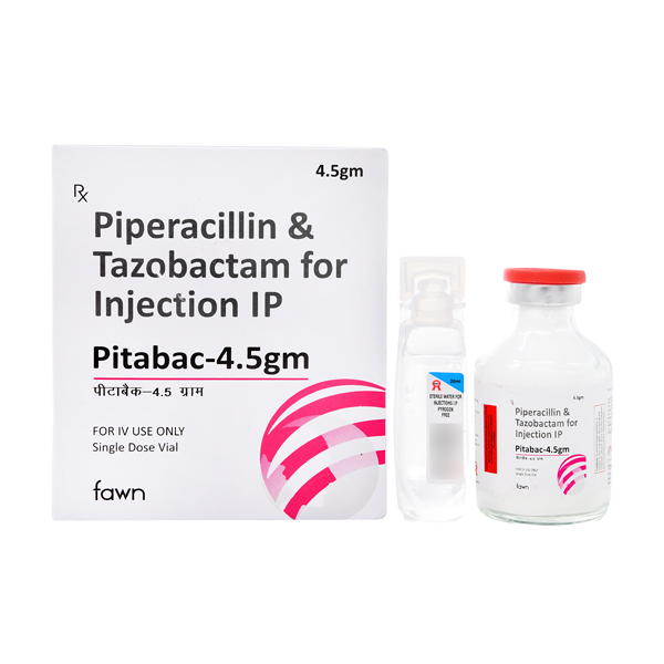 Product Name: PITABAC 4.5, Compositions of PITABAC 4.5 are Piperacillin 4gm and Tazobactum 500mg Injection IP - Fawn Incorporation