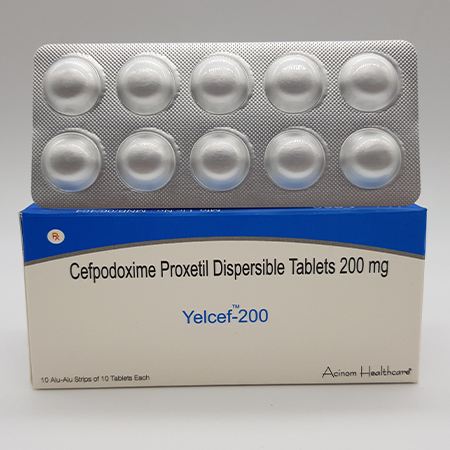 Product Name: Yelcef 200, Compositions of Yelcef 200 are Cefpodoxime Proxetil Dispersible Tablets 200 mg - Acinom Healthcare