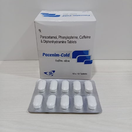 Product Name: Pacenim Cold, Compositions of Pacenim Cold are Paracetamol, Phenylphrine Caffeine & Diphenhydramine Tablets - Soinsvie Pharmacia Pvt. Ltd