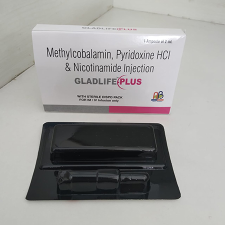 Product Name: Gladlife Plus, Compositions of Gladlife Plus are Methylcobalamin,Pyridoxine HCl  and Nicotionamide Injection - Nimbles Biotech Pvt. Ltd