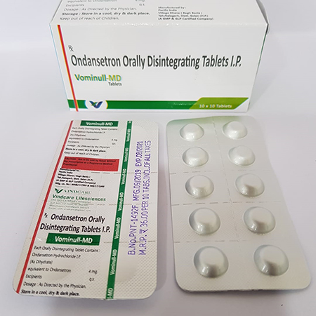 Product Name: Vominull md, Compositions of Vominull md are Ondansetron Orally Disintegrating Tablets IP - Vindcare Lifesciences