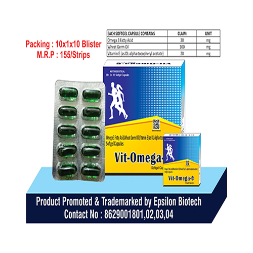 Product Name: Vit Omega, Compositions of Vit Omega are  Omega 3 Fatty Acid VitaminE  Softgel Capsules - Epsilon Biotech