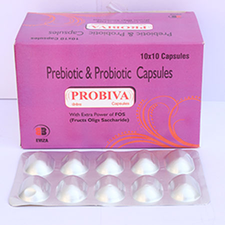 Product Name: Probiva, Compositions of Probiva are Prebiotic & Probiotic Capsules - Eviza Biotech Pvt. Ltd