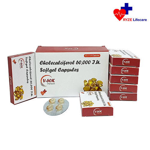 Product Name: V 60 k, Compositions of V 60 k are Cholecalciferol 60,000 Softgel Capsules - Ryze Lifecare