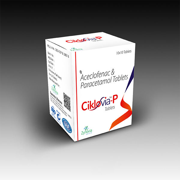 Product Name: Ciklovia P, Compositions of Ciklovia P are Aceclofenac & Paracetamol Tablets - Zynovia Lifecare