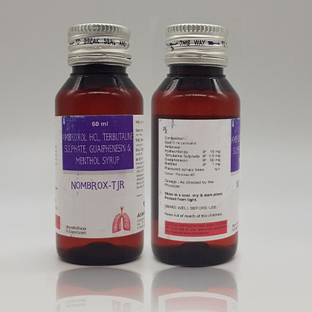 Product Name: Nombrox T JR, Compositions of Nombrox T JR are Ambroxol HCL IP, Terbutaline Sulphate IP, Guaiphenesin IP - Acinom Healthcare