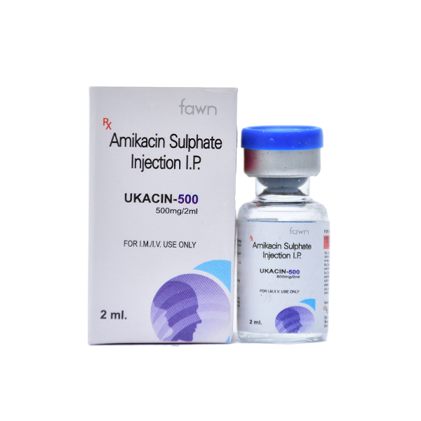 Product Name: UKACIN 500, Compositions of UKACIN 500 are Amikacin Sulphate IP - Fawn Incorporation