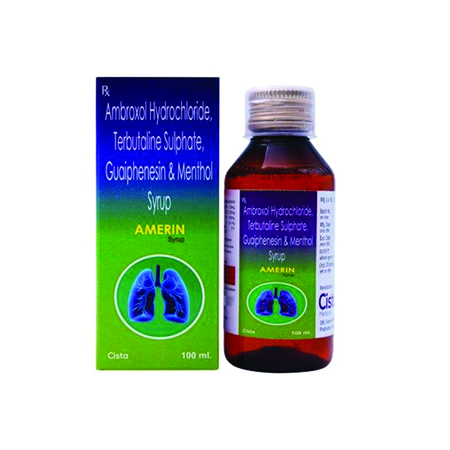 Product Name: Amerin 100, Compositions of Amerin 100 are Ambroxol Hydrochloride 15 MG, Guaiphensin IP 15 MG, Terbutaline Sulphate 1.25 MG, Menthol 2.5 mg Syrup - Cista Medicorp