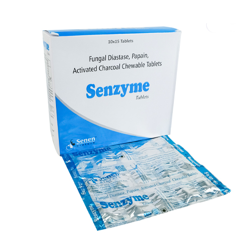 Product Name: Senzyme, Compositions of Senzyme are Fungal Diastase100mg, Papain60mg, Activated Charcoal 75mg Chewable Tablets - Senen Biotech