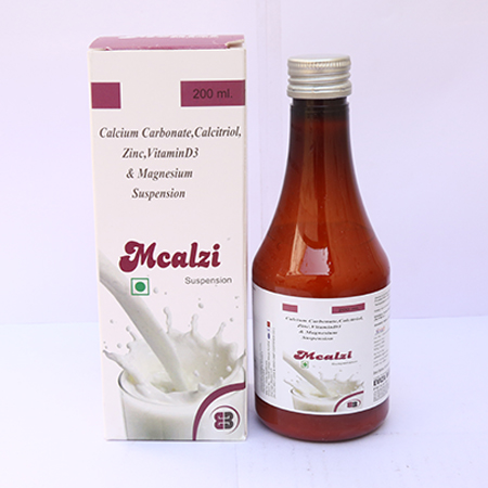 Product Name: Mcalzi, Compositions of Mcalzi are Calcium Carbonate, Calcitriol, Zinc, Vitamin D3 & magnesium Suspension - Eviza Biotech Pvt. Ltd