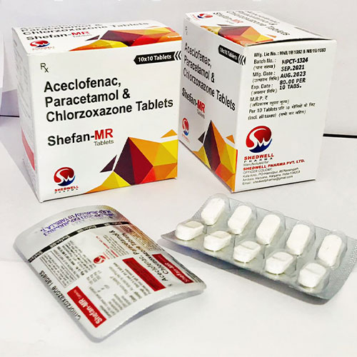 Product Name: Shefan MR, Compositions of Shefan MR are Aceclofenac paracetamol & chlorzoxazone - Shedwell Pharma Private Limited