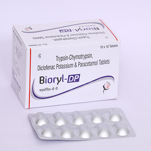 Product Name: BIORYL DP, Compositions of BIORYL DP are Trypsin Chymotrypsin, Diclofenac Potassium & Paracetamol Tablets - Biomax Biotechnics Pvt. Ltd
