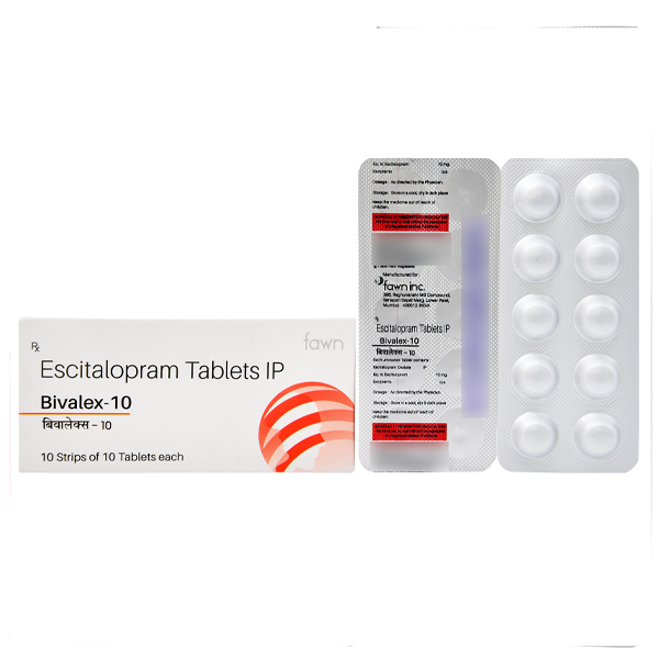 Product Name: BIVALEX 10, Compositions of BIVALEX 10 are Escitalopram IP 10mg - Fawn Incorporation