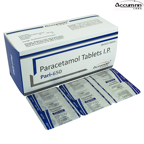 Product Name: Pari 650, Compositions of Pari 650 are Paracetamol Tablets IP - Accuminn Labs