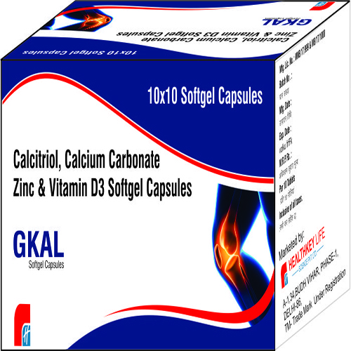 Product Name: GKAL, Compositions of GKAL are Calcitriol, Calcium Carbonate Zinc & Vitamin D3 Softgel Capsules - Healthkey Life Science Private Limited