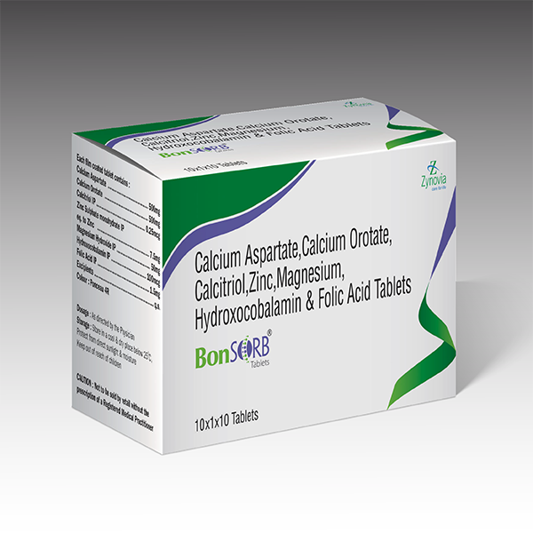 Product Name: Bonsorb, Compositions of Bonsorb are Calcium Aspartate, Calcium Orotate, Calcitriol, Zinc,Magnesium, Hydroxocobalamin&Folic Acid Tablets - Zynovia Lifecare