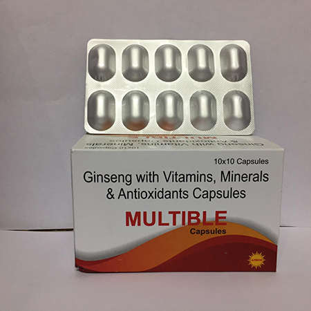 Product Name: MULTIBLE, Compositions of MULTIBLE are Gingseng with Vitamins, Minerals & ANtioxidants Capsules - Apikos Pharma