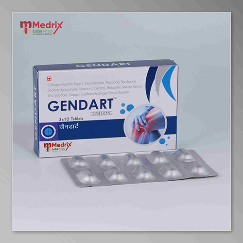Product Name: GENDART , Compositions of GENDART  are Calcium Pepode Type 1 ,Glucosmine Monopoly Sodium Vitamin C ,Calcitrol Zinc Sulphate , Copper Sulphate & Ginger Extract Tablets . - Medrix Labs Pvt Ltd