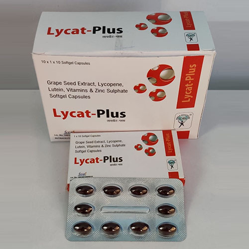 Product Name: Lycat Plus, Compositions of Lycat Plus are Grape Seed Extract,Lycopene,Lutien,Vitamins & Zinc Sulphate Softgel Capsules - WHC World Healthcare