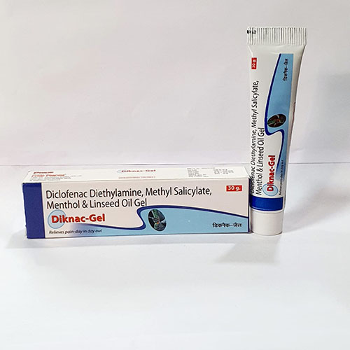 Product Name: Diknac Gel, Compositions of Diknac Gel are Diclofenac,Diethylamine,Methyl Salicylate, Menthol Capsaisin & Benzyl Alcohal Gel - Pride Pharma