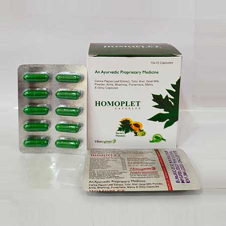 Product Name: Homoplet, Compositions of Homoplet are Carica Papya Leaf Extract,Tulsi,Kiwi,Goat Milk powder,Amla,Bharinraj,Punarnava,Meloy & Geloy Capsules - Abigail Healthcare