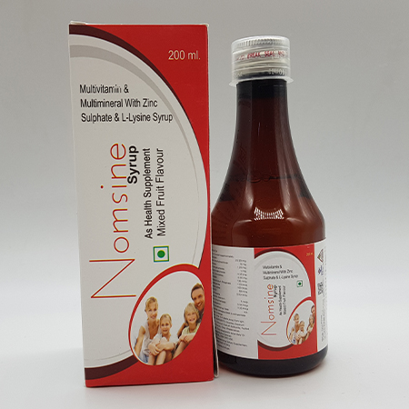 Product Name: Vomsine, Compositions of Vomsine are Multivitamin and Multimineral with Zinc Sulphate and L Lysine Syrup - Acinom Healthcare
