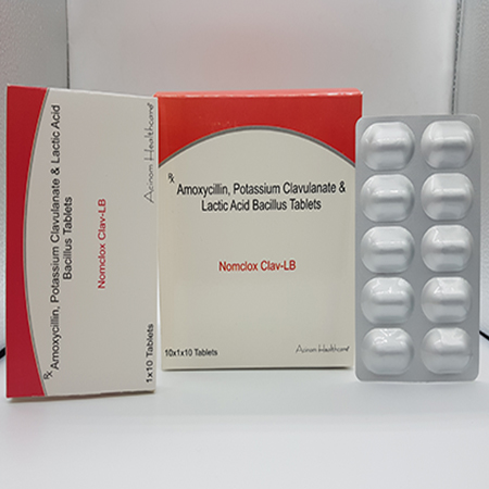 Product Name: Nomclox Clav LB, Compositions of Nomclox Clav LB are Amoxycillin, Potassium Clavulanate and Lactic Acid Bacillus Tablets - Acinom Healthcare