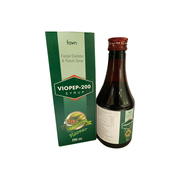 Product Name: VIOPEP 200, Compositions of VIOPEP 200 are Fungal Diastase & Papain Syp – Digestive Enzyme, Saunf Cardamom - Fawn Incorporation