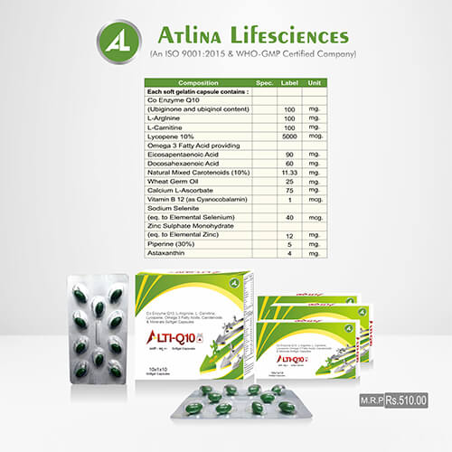 Product Name: Alti Q10, Compositions of Alti Q10 are Co-enzyme Q-10,Lycopene, L-Arginine,Omega-3-Fatty Acid, & Selenium Softgel Capsules - Atlina LifeSciences Private Limited