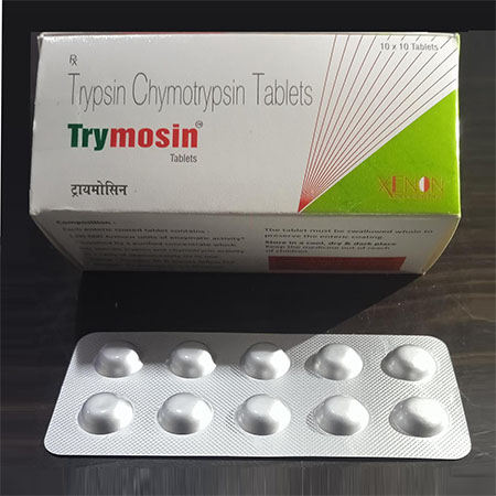 Product Name: Trymosin, Compositions of Trymosin are Trypsin ChymotrypsinTablets - Xenon Pharma Pvt. Ltd